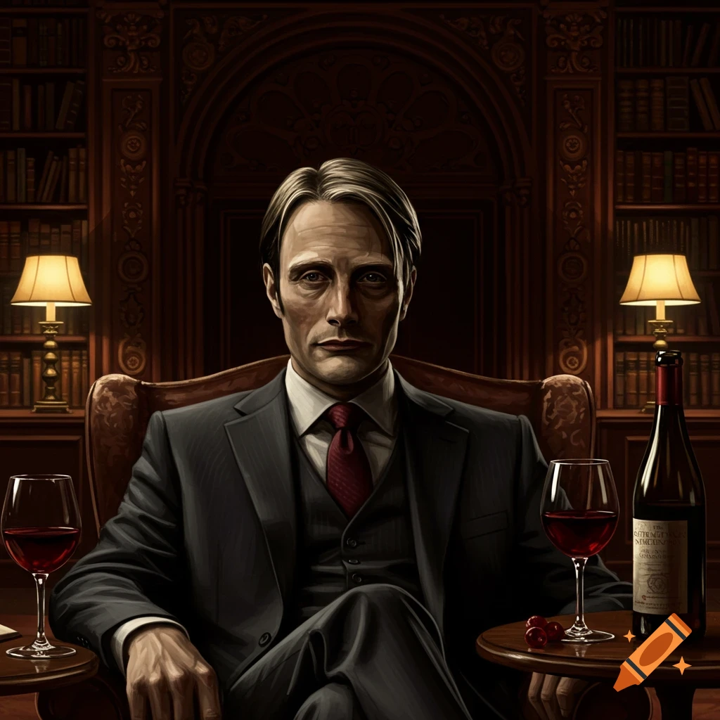 A serious man in a suit, resembling Hannibal Lecter, sits in an ornate library with wine glasses and a bottle.