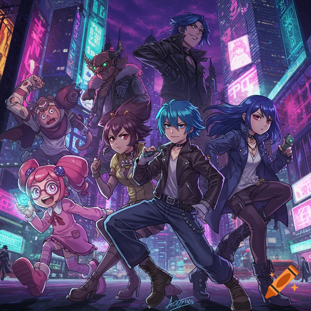 Anime characters stand in dynamic poses against a neon-lit cyberpunk city at night.