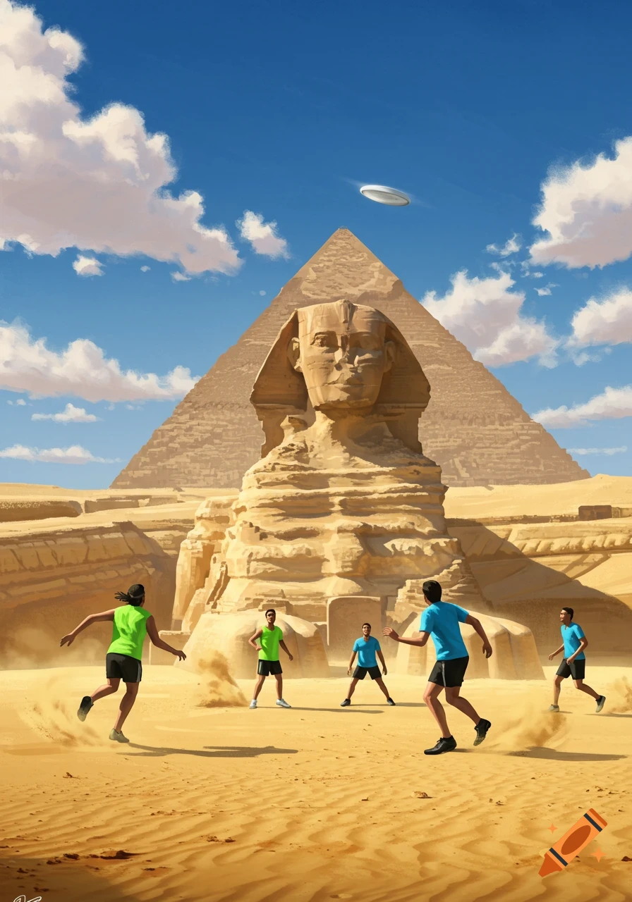 People play ultimate frisbee in a desert with the Great Sphinx and pyramid in the background, under a blue sky.
