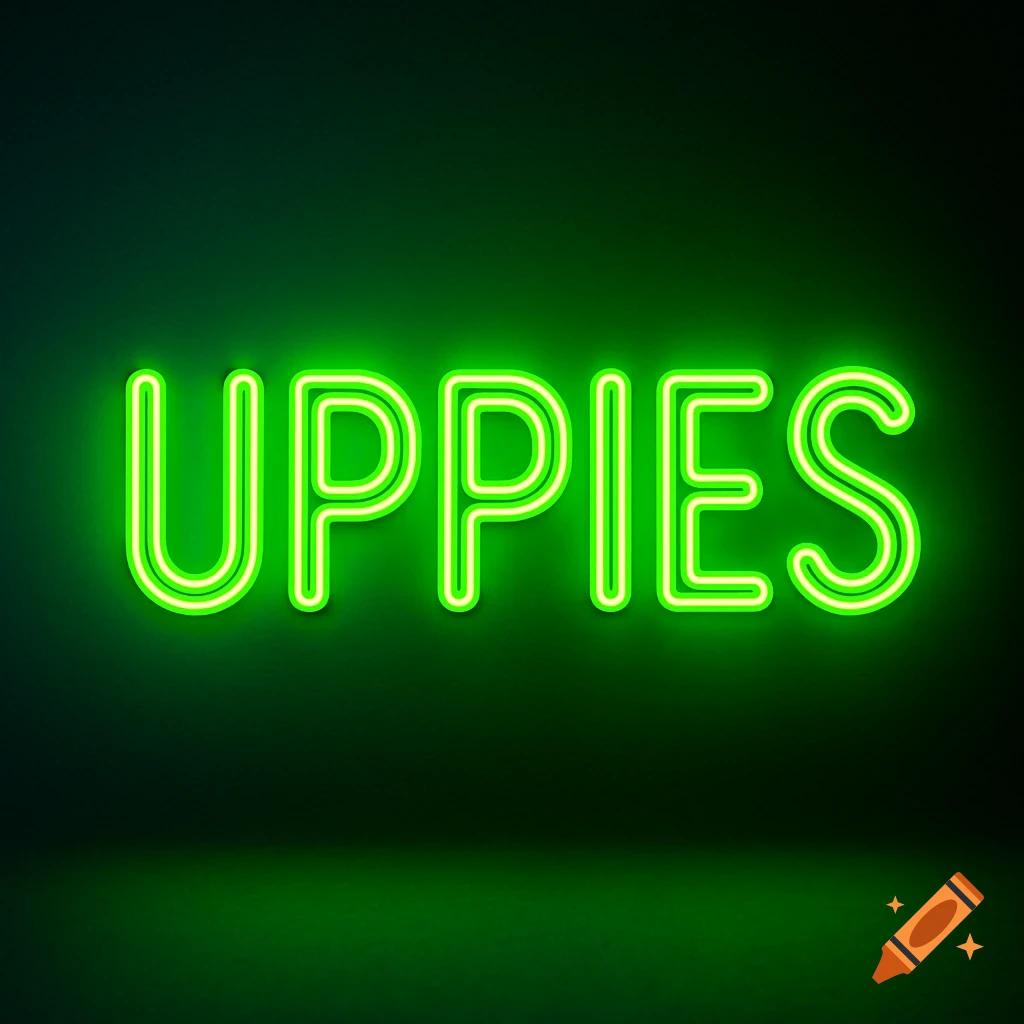The word UPPIES in bright green neon tubing on a dark background.
