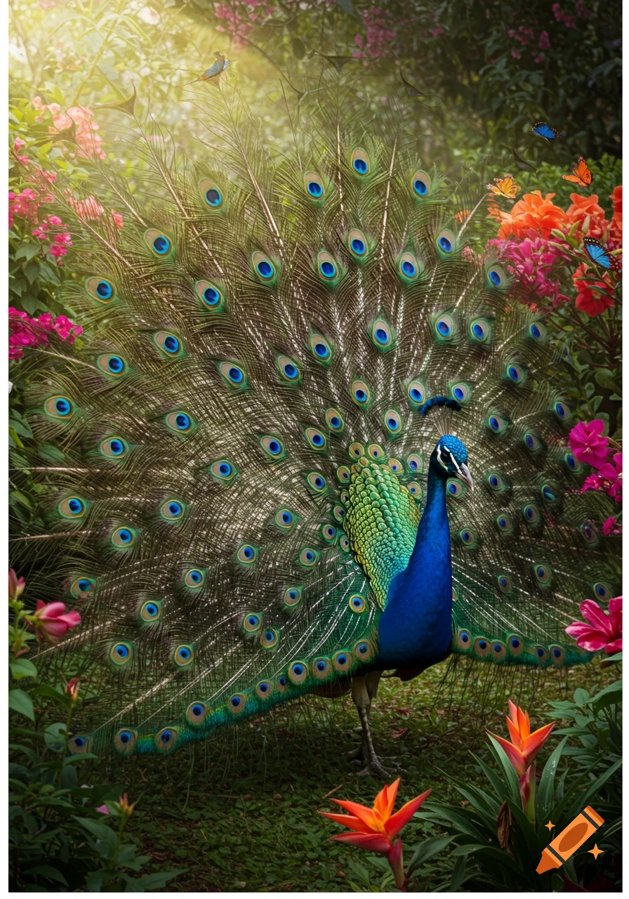A vibrant peacock with its iridescent tail fanned, standing in a sunlit garden filled with pink and orange flowers and butterflies.