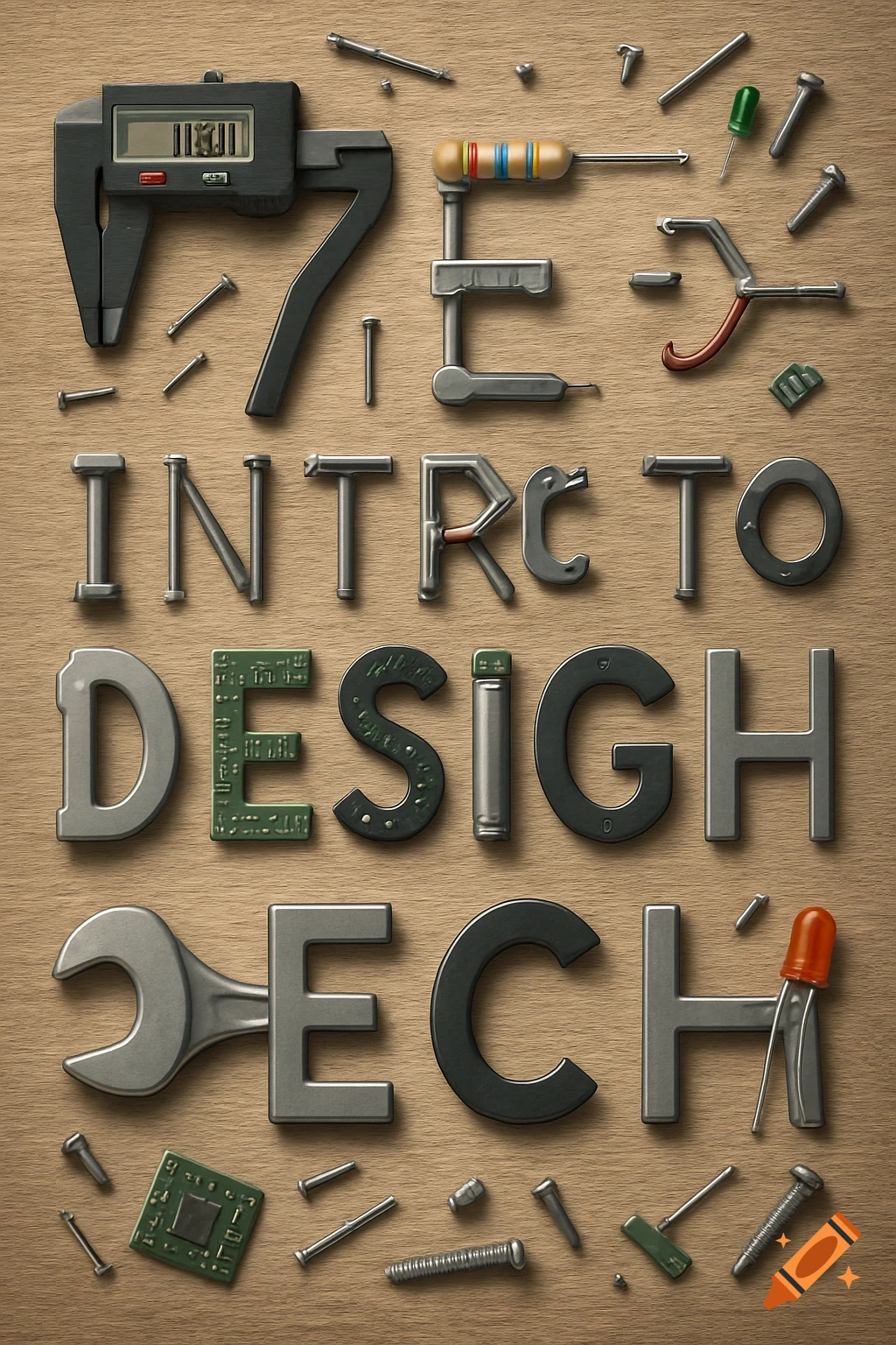 Text "7E INTRO TO DESIGN TECH" formed by various tools and electronic components on a wooden surface.