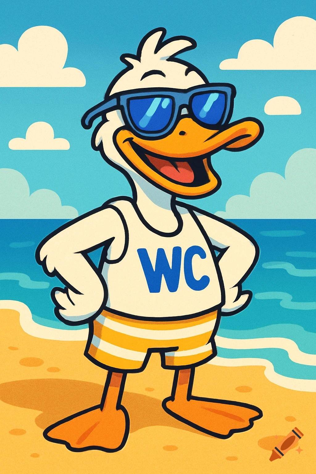 A 2D cartoon anthropomorphic duck wearing blue sunglasses, a white tank top with "WC" in blue, and yellow and white striped swim trunks stands on a sunny beach.