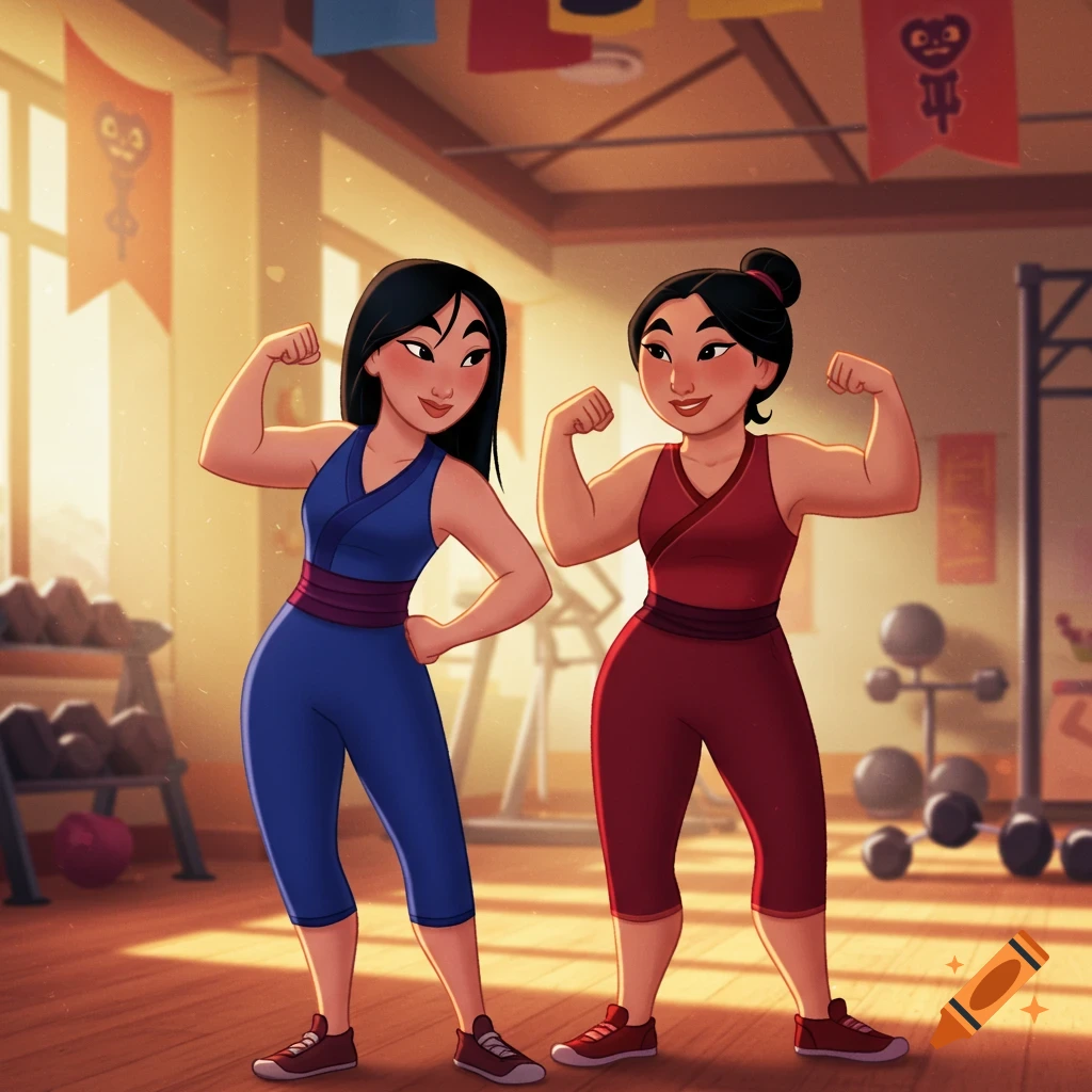 Mulan and her mother, in a cartoon style, flex their muscles in a sunlit gym.