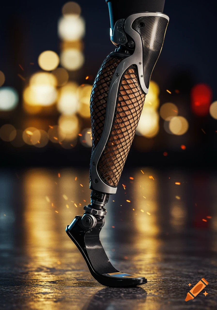 A photorealistic prosthetic leg with fishnet stockings stands against a blurred city night background with glowing lights.