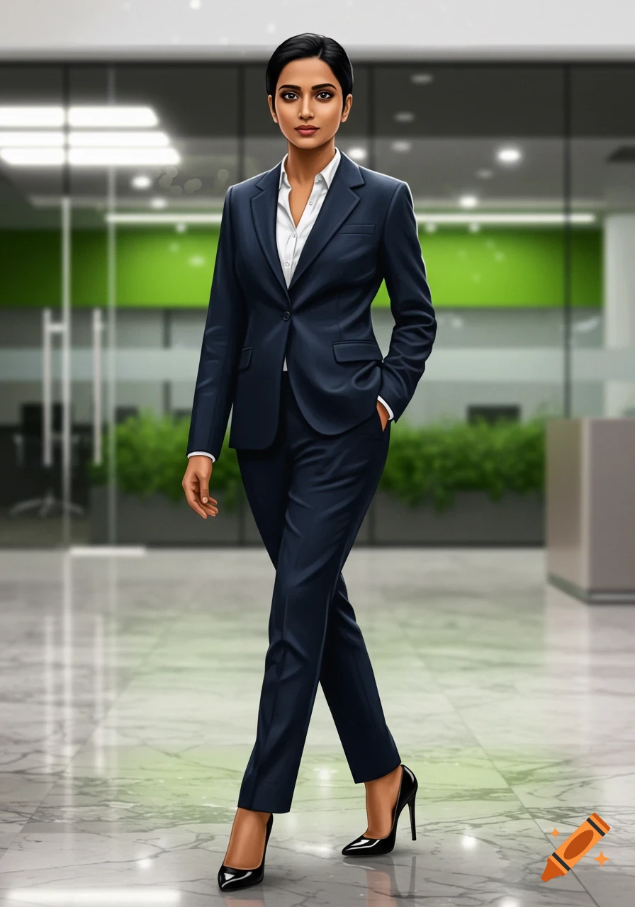 A full body shot of a woman with dark hair in a dark blue business suit and black high heels, walking in a modern office building.