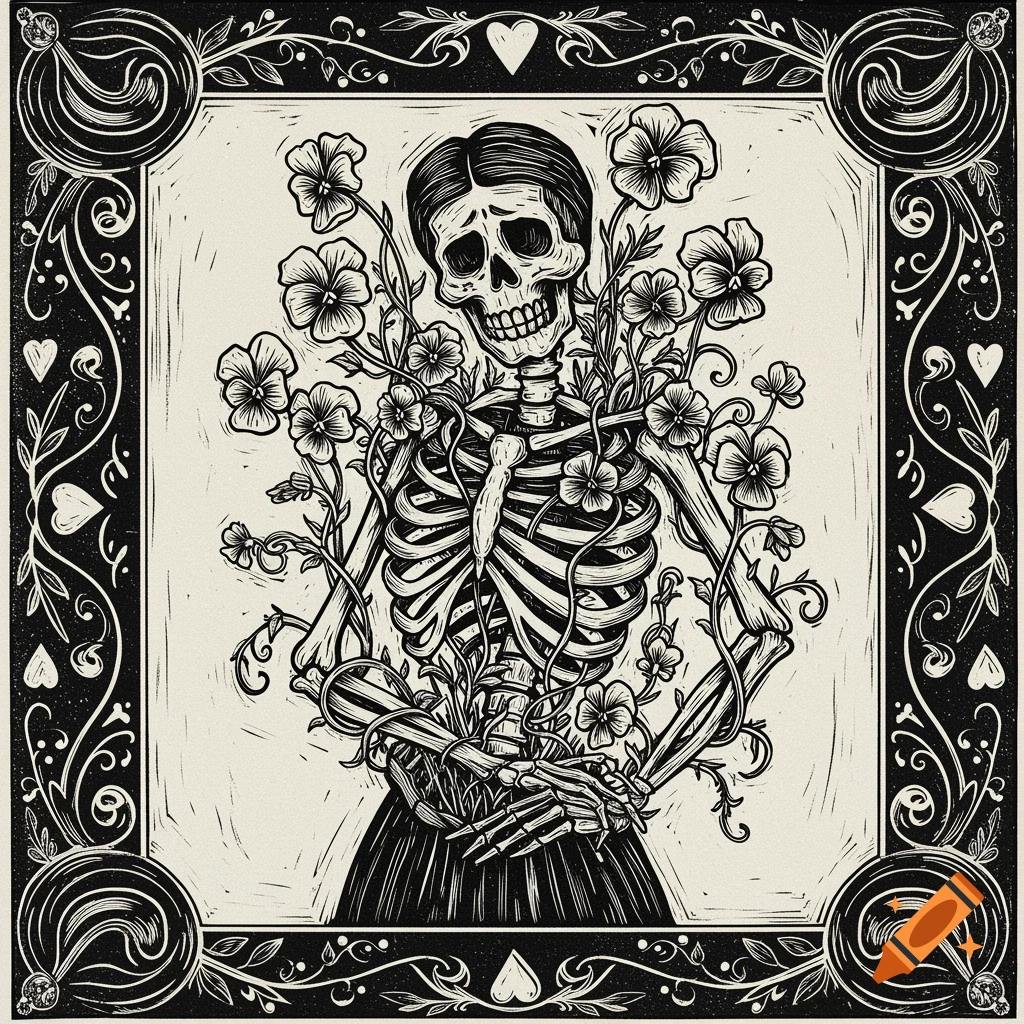 A black and white linocut illustration of a stylized female skeleton with flowers sprouting from her body, within an ornate decorative border.