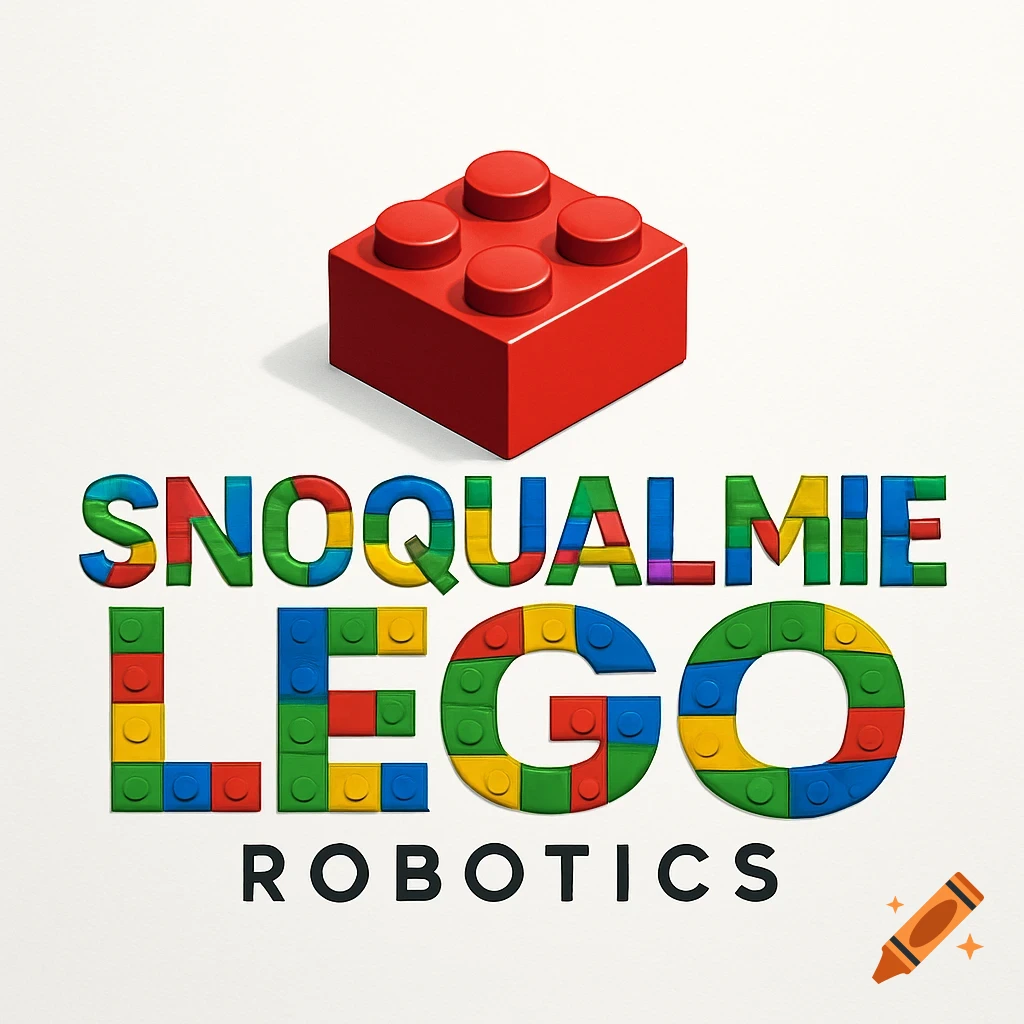 A logo featuring a red Lego brick above text. The text 'SNOQUALMIE' and 'LEGO' are formed by colorful Lego bricks, and 'ROBOTICS' is in black text.