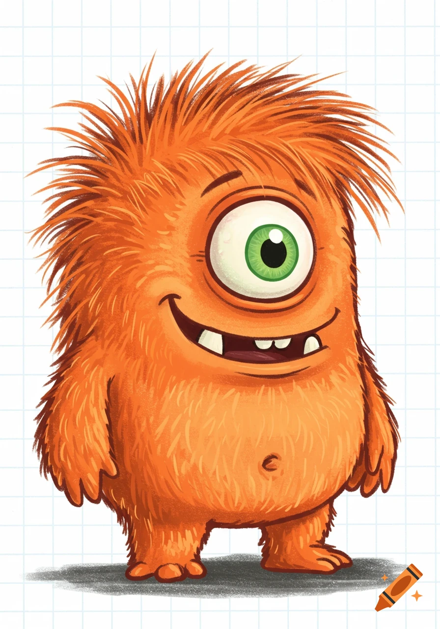 A cute, furry, orange monster with one large green eye, a wide smile, and a short body stands on a grid paper background.
