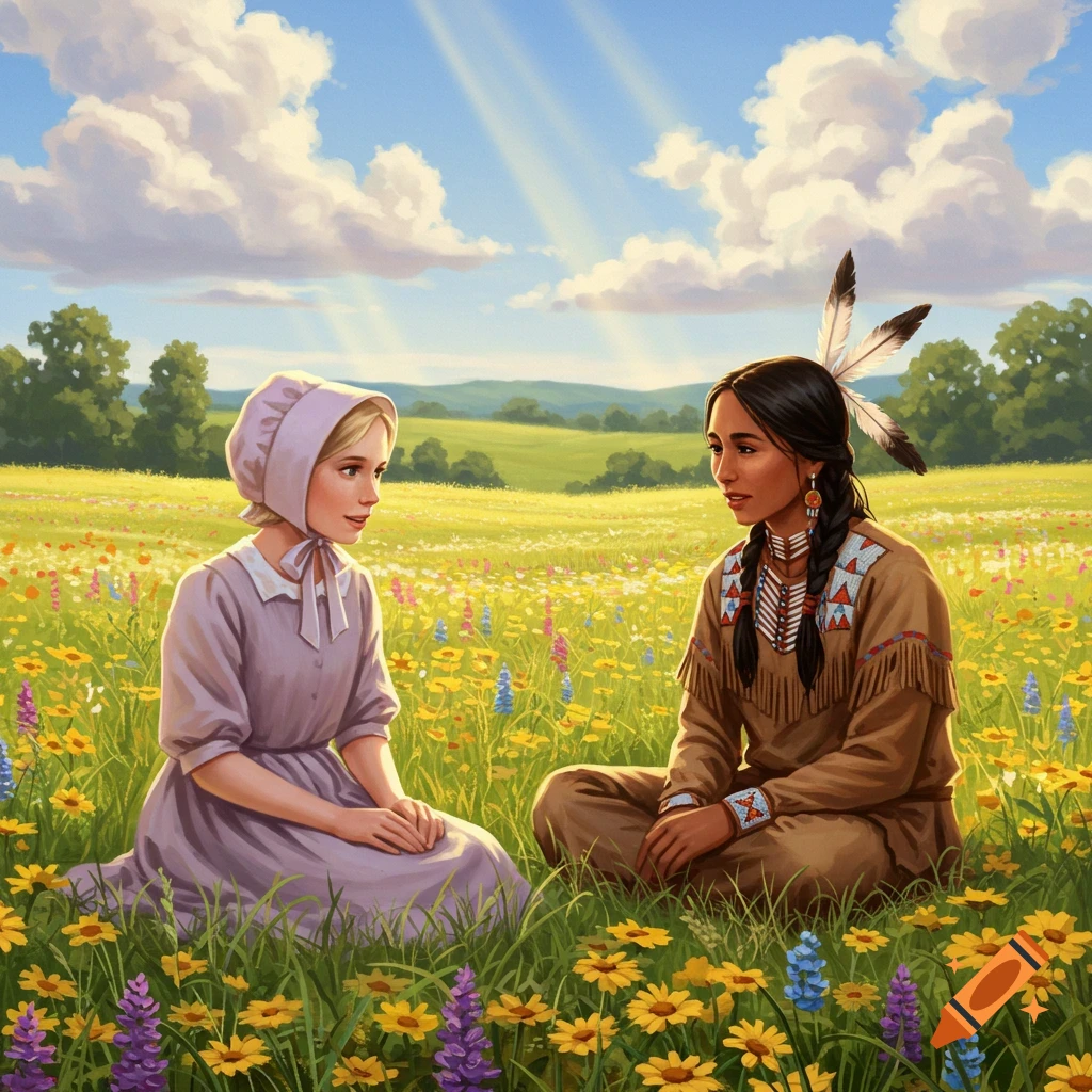 A painting of a Quaker girl and a Native American girl sitting in a sunny flower field.