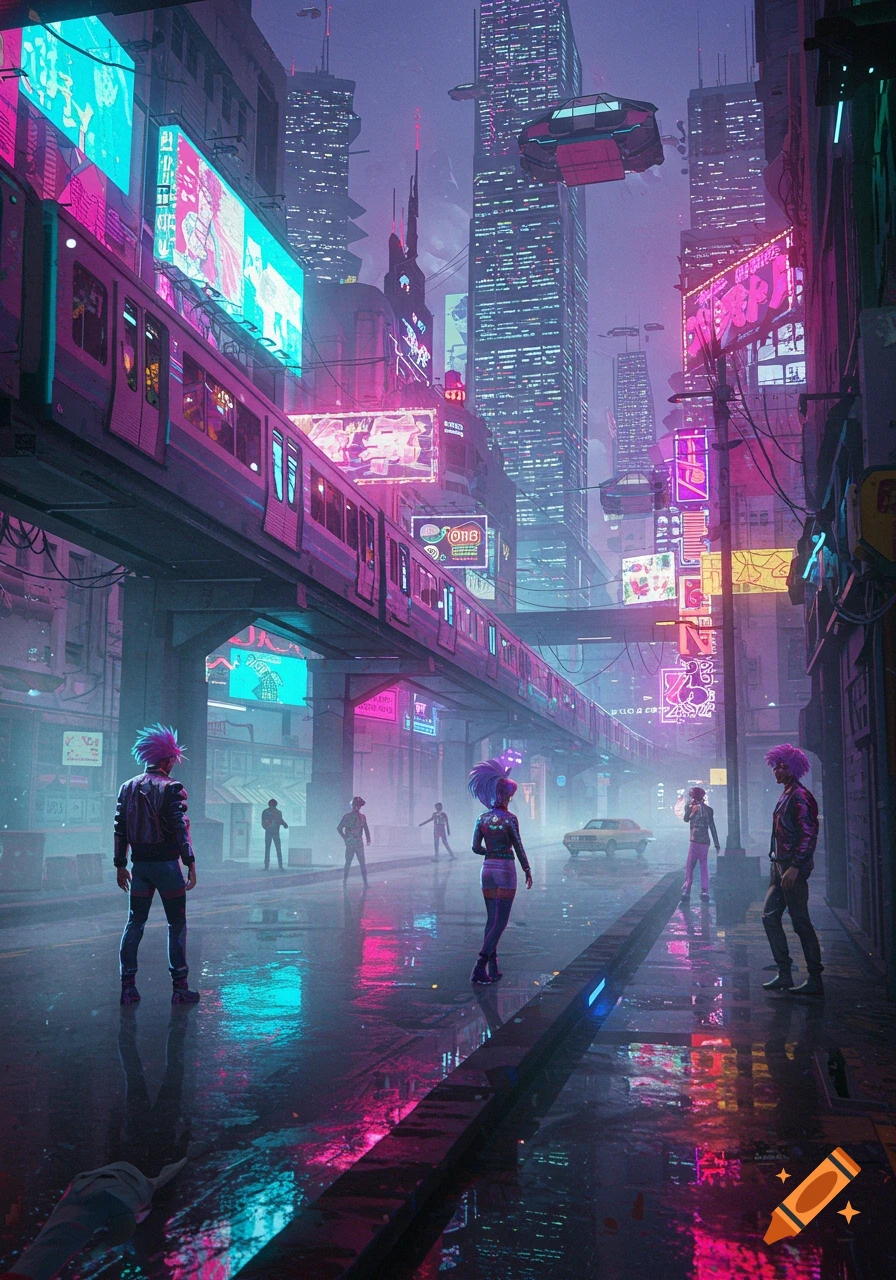 A vibrant cyberpunk cityscape at night in an 80s anime style, with an elevated train, flying vehicles, and neon-lit streets.