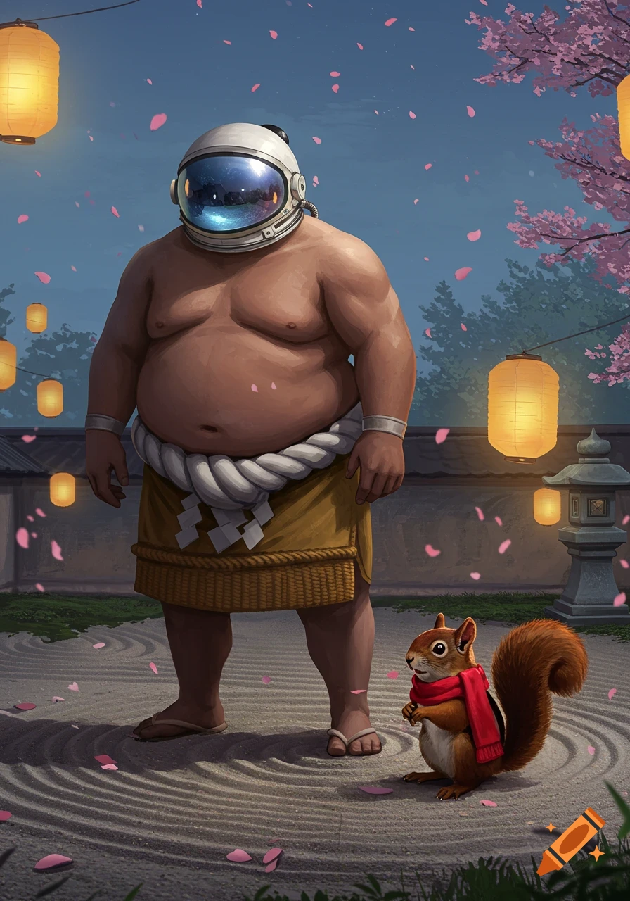 A bare-chested sumo wrestler with an astronaut helmet stands in a Japanese garden with a squirrel in a red scarf as cherry blossoms fall.