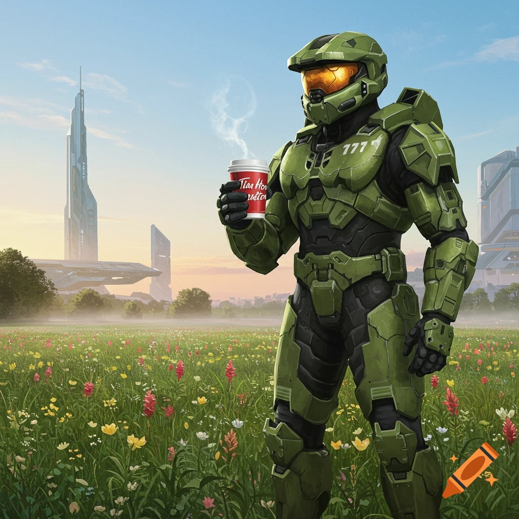 Master Chief from Halo stands in a field of wildflowers holding a steaming Tim Hortons coffee cup, with futuristic buildings in the background under a blue sky.
