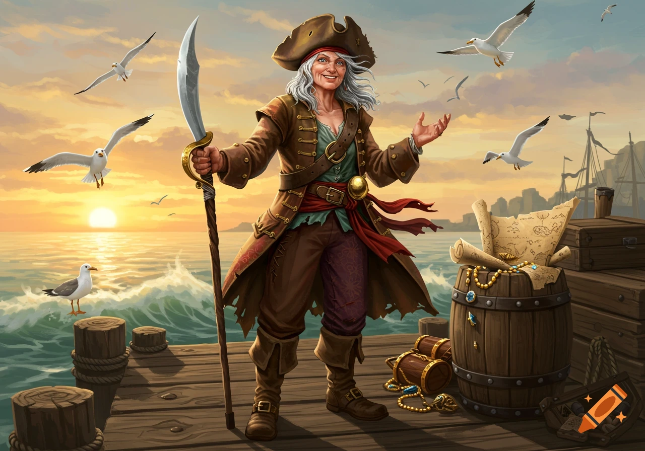 An old female pirate with white hair, standing on a wooden dock at sunset with a cutlass, seagulls flying, and a ship in the distance, in a digital painting style.