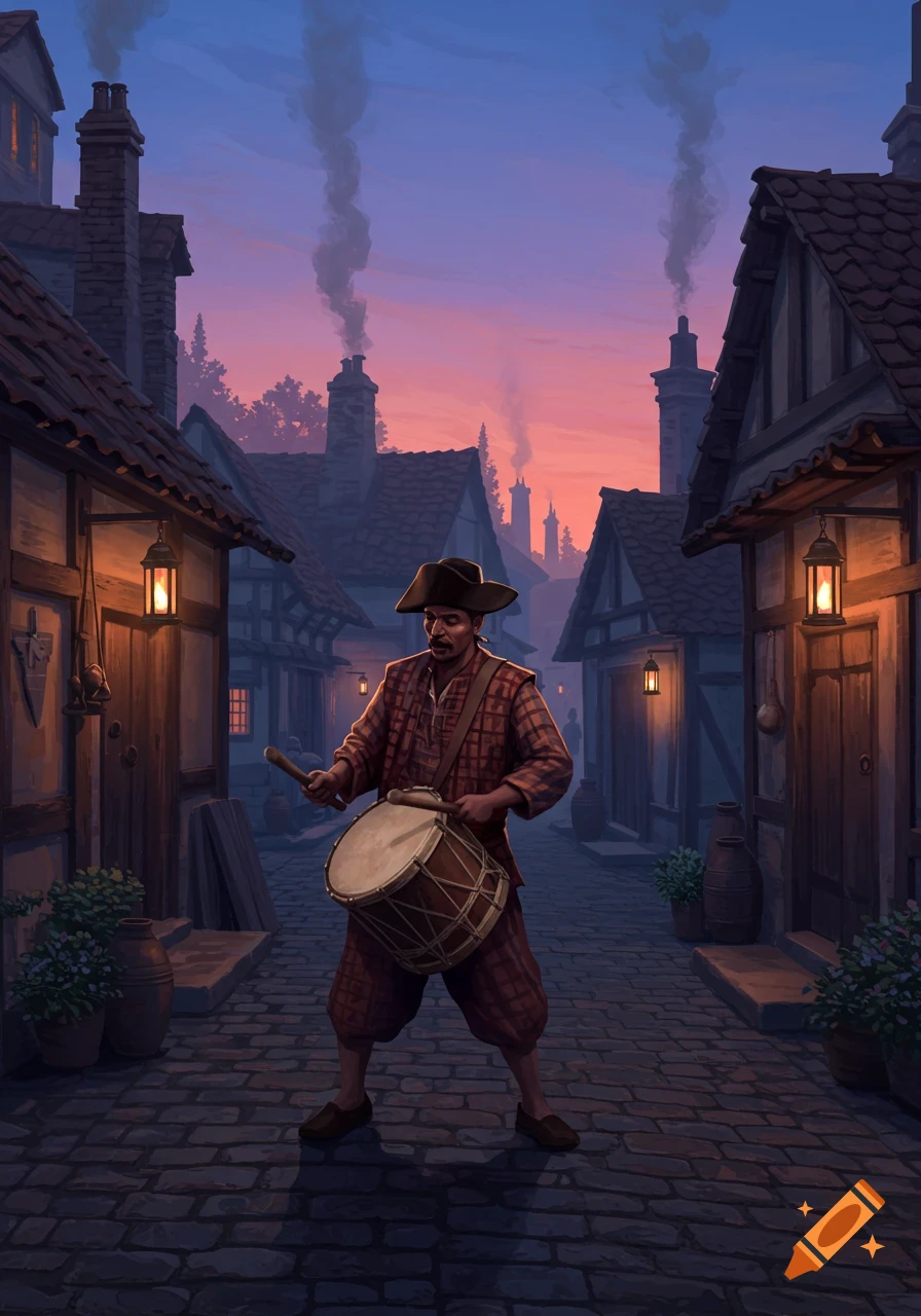 A man in historical attire plays a drum on a cobblestone street in a village at dusk, surrounded by old buildings.