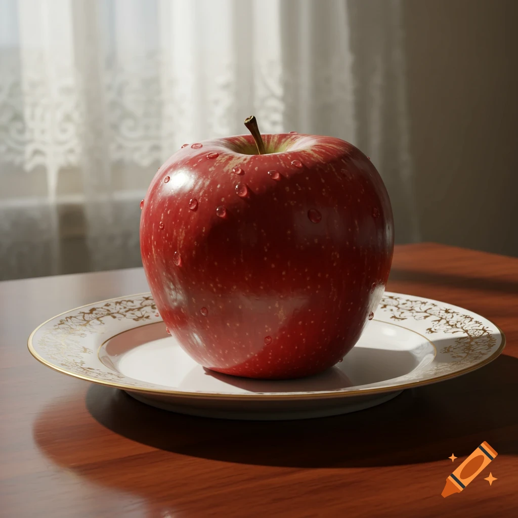 A photorealistic image of a red apple with water droplets on a white plate with gold trim, resting on a wooden table.
