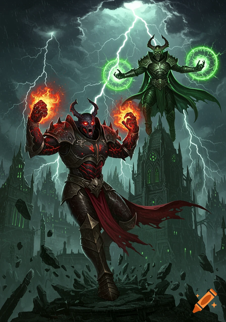 Two powerful armored figures, one red with fire and one green with magic, battle in a gothic, storm-wracked city under lightning.
