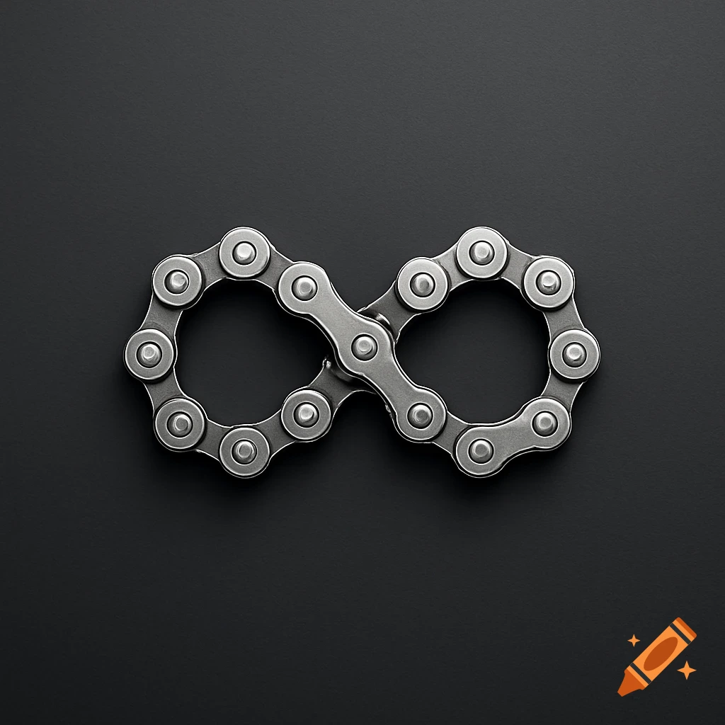 A silver bicycle chain shaped into an infinity symbol against a dark gray background.