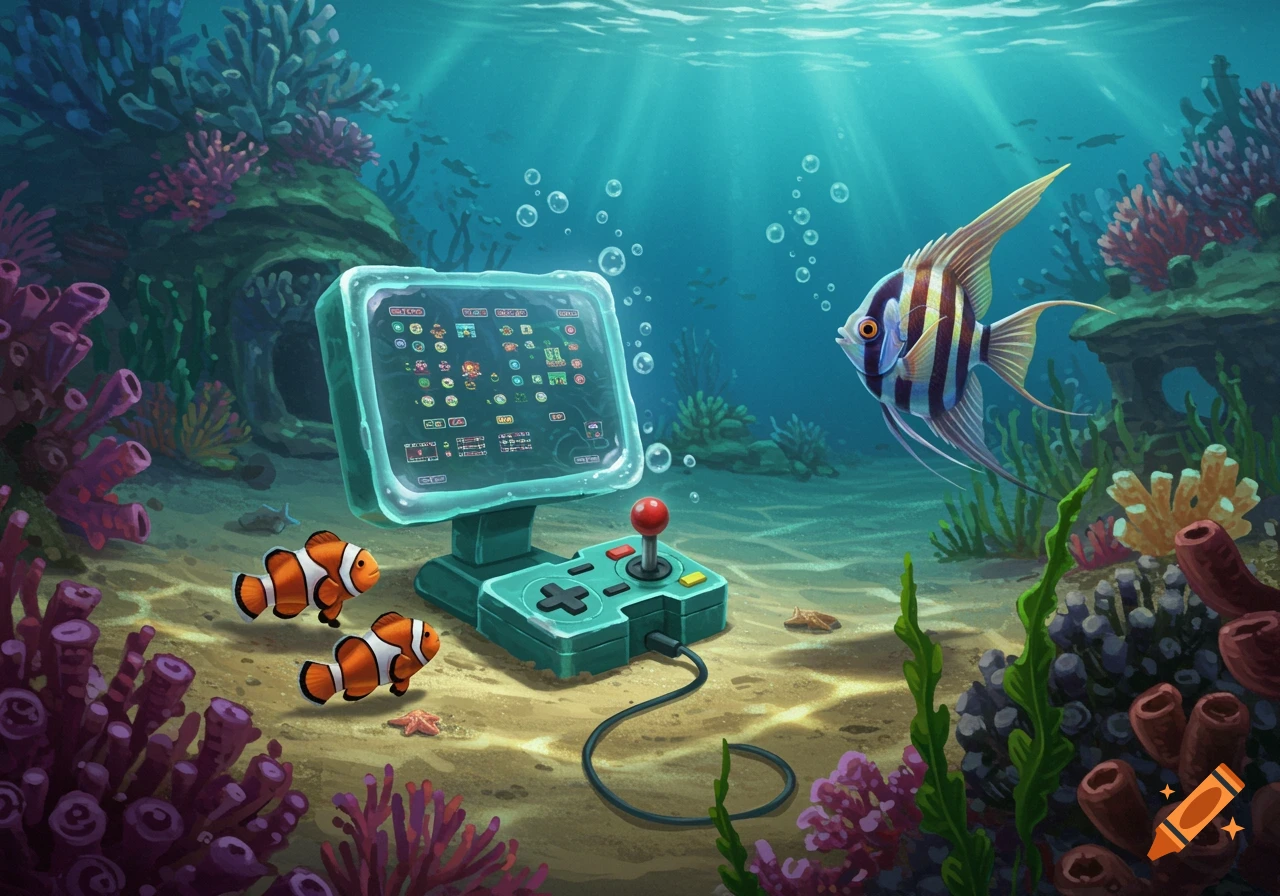 A vibrant illustration of an underwater gaming setup with a retro console and screen displaying pixel art. Two clownfish and an angelfish swim around coral reefs and bubbles.