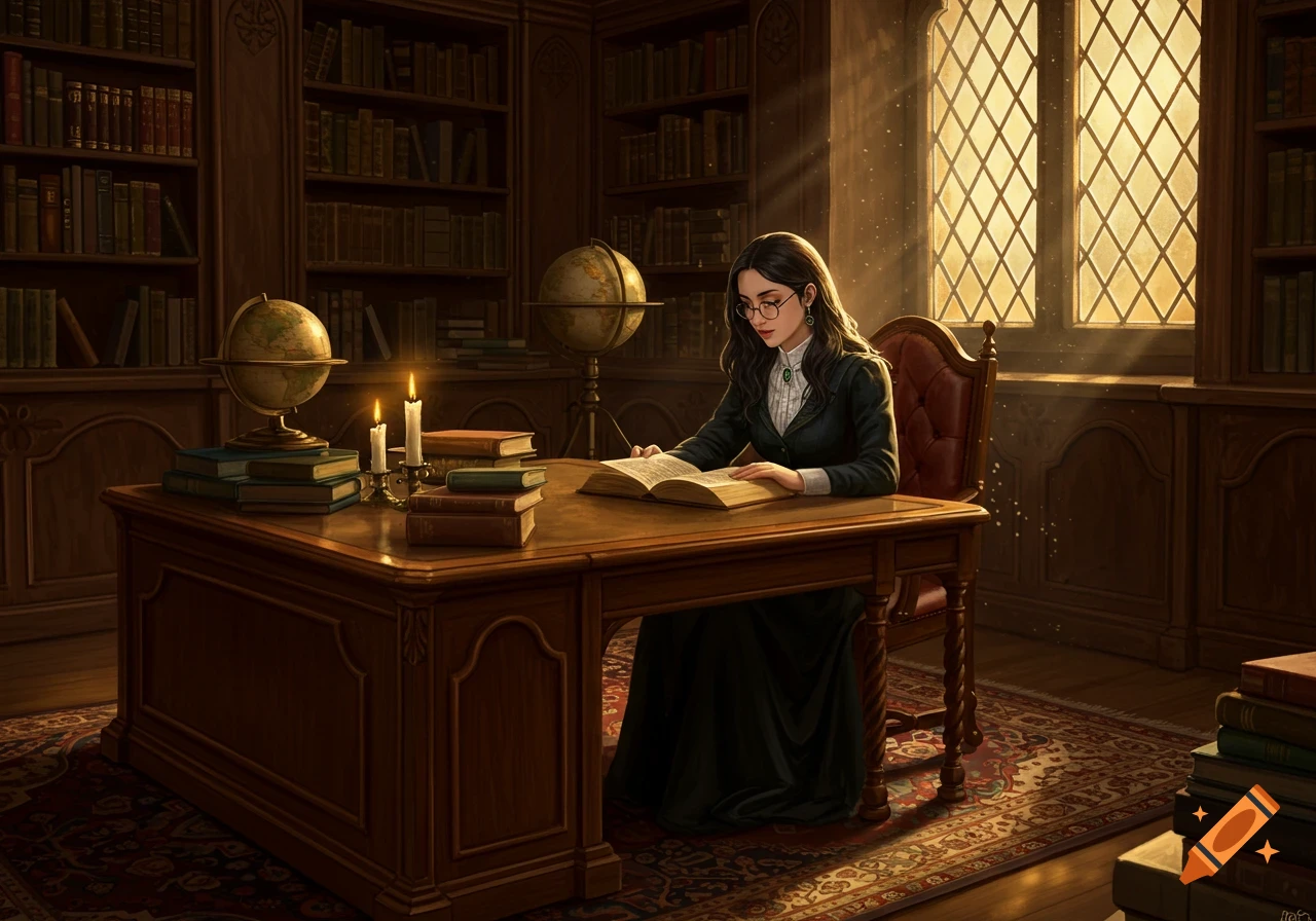A woman with glasses reads a book at a wooden desk in a grand library filled with bookshelves, bathed in sunlight from a large window.