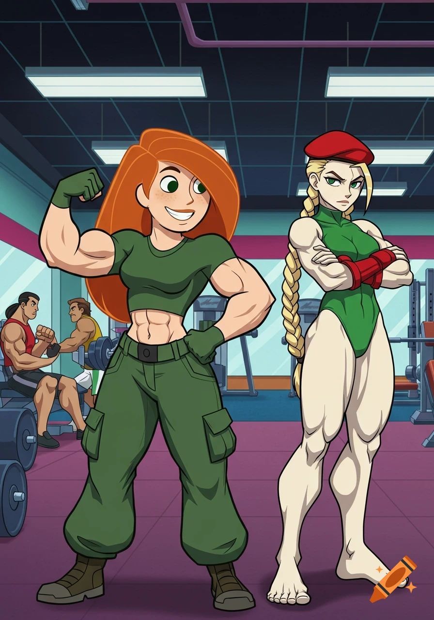 Kim Possible, muscular and smiling, flexes in a gym next to an unimpressed Cammy White in her green leotard.
