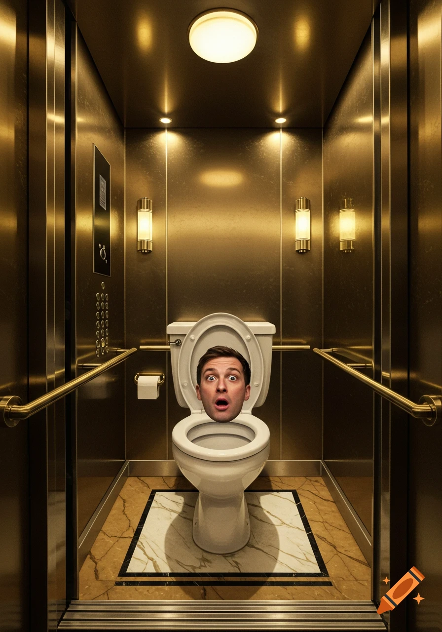 A man's head with a surprised expression pops out of a toilet in a luxurious golden elevator with marble floors.