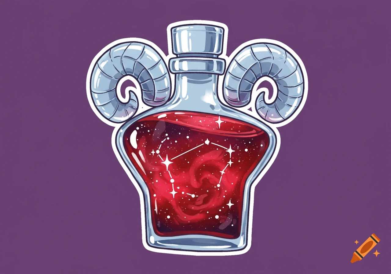 A sticker of a clear glass bottle shaped like the Aries ram, filled with red cosmic liquid and stars forming a constellation.