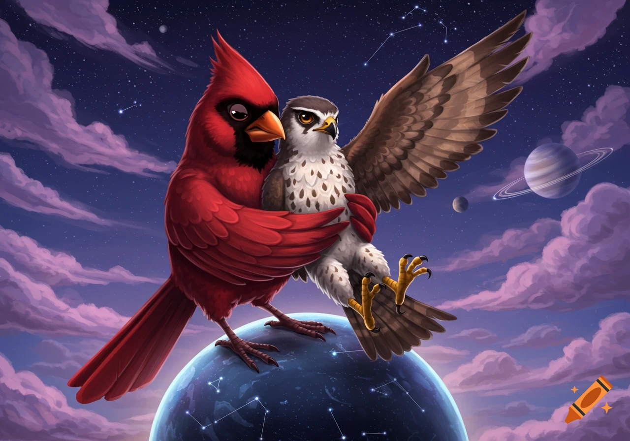 A stylized illustration of a red cardinal hugging a falcon while standing on a small planet in outer space, with stars and clouds.