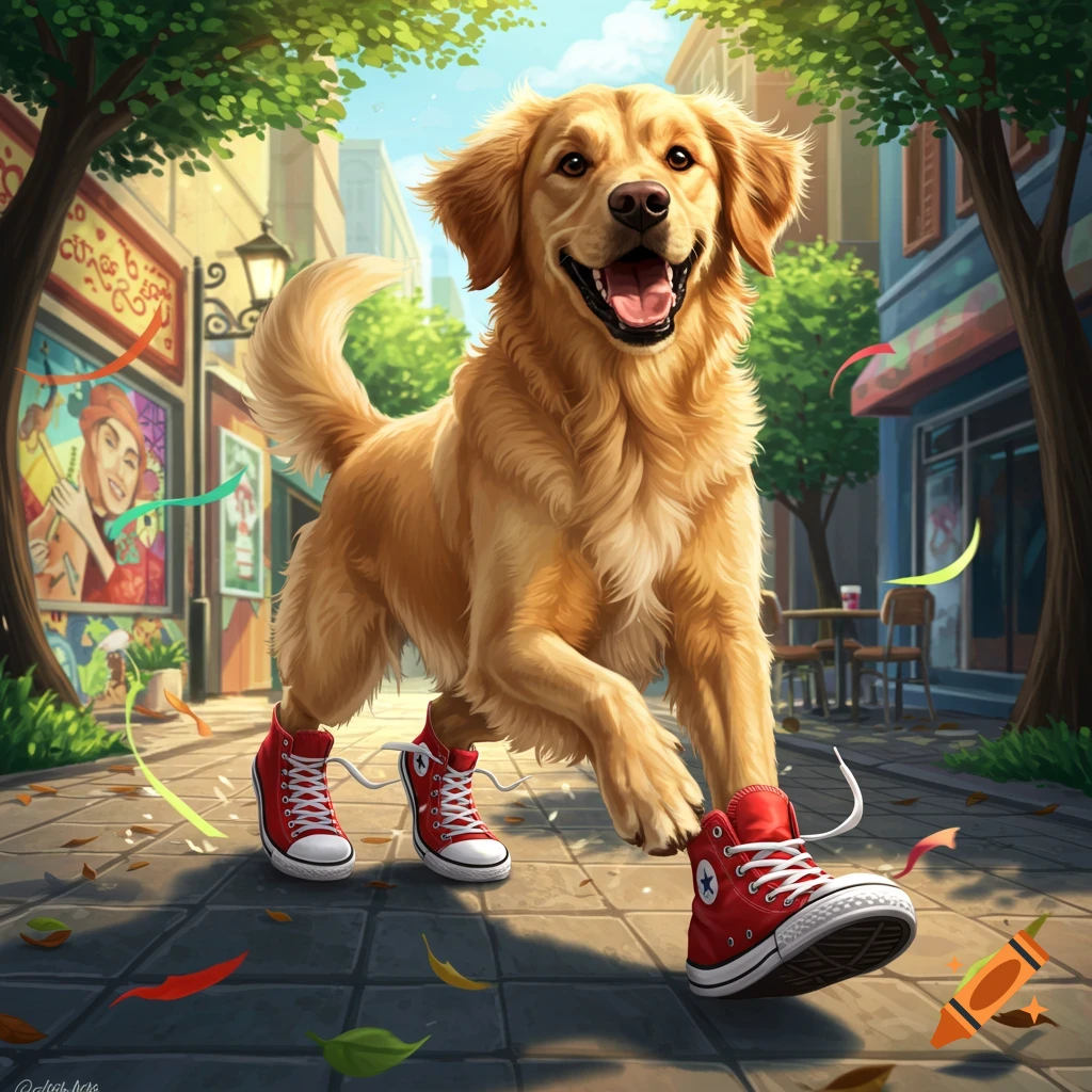 A happy golden retriever dog wearing red high-top sneakers walks down a sunny city street, with colorful leaves and ribbons in the air.