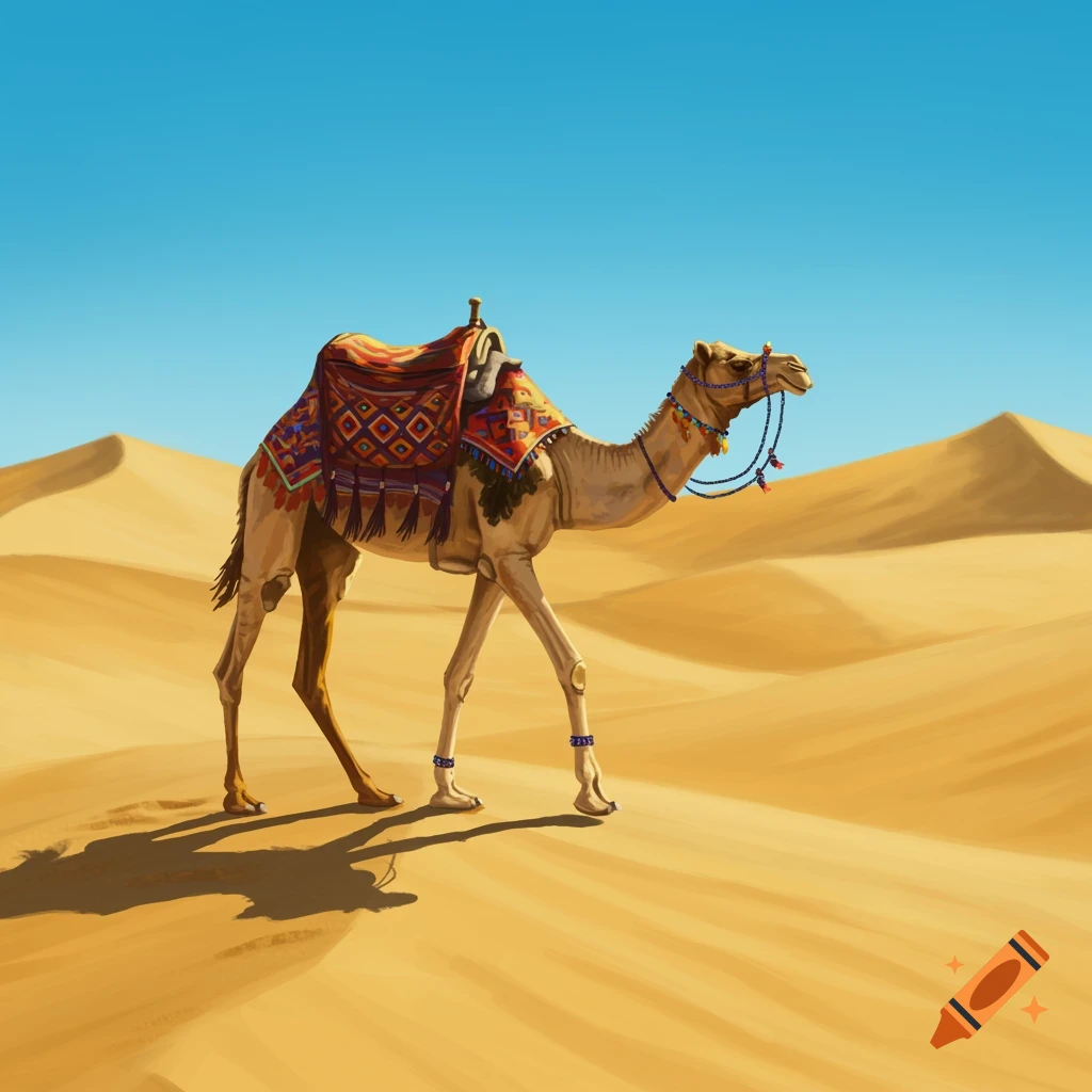 A camel with a decorated saddle walks across a sand dune desert under a clear blue sky, illustrated.