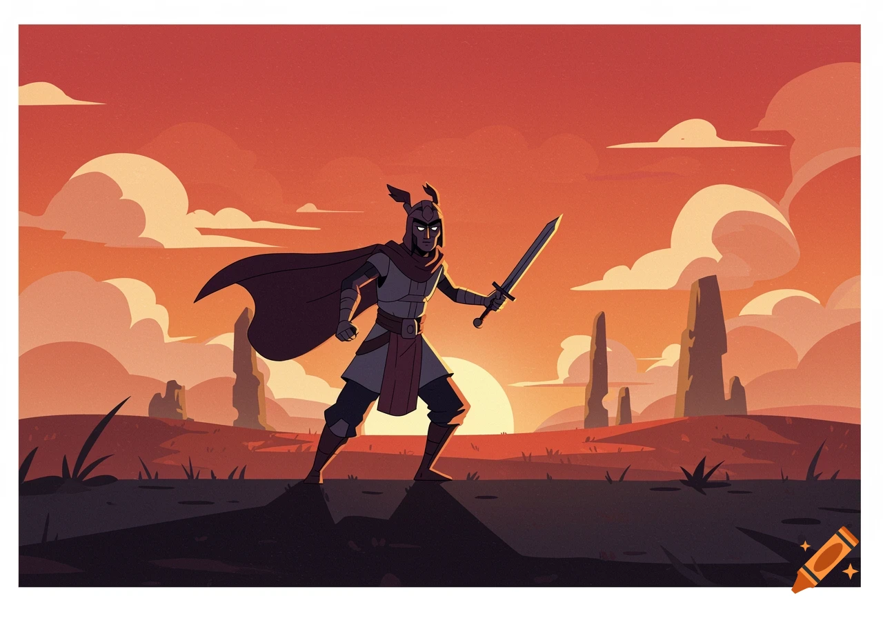 A stylized warrior with a sword stands in a desert landscape at sunset, featuring rock formations in a cartoon style.