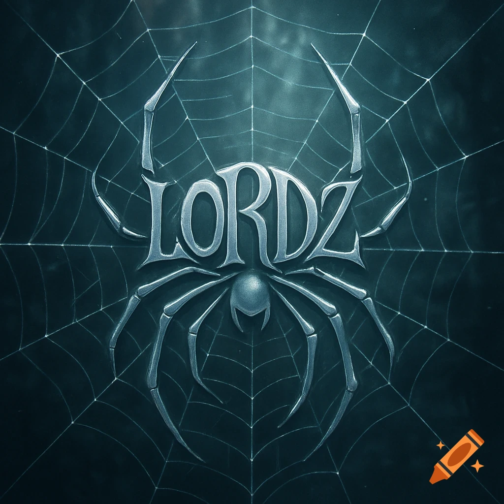 A stylized metallic spider logo with the word "LORDZ" forming its body and front legs, set against a dark spiderweb background.