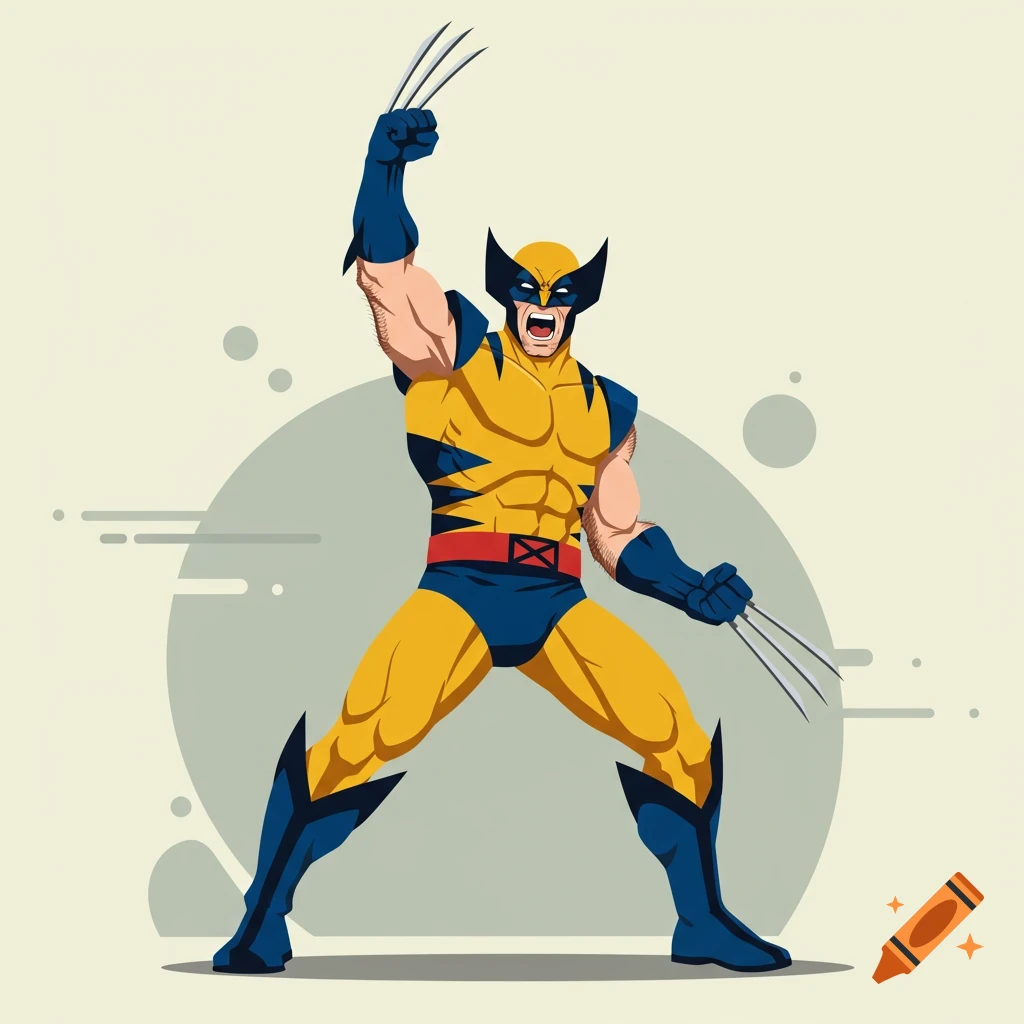 A cartoon illustration of Wolverine in his classic yellow and blue suit, raising a clawed fist in the air.