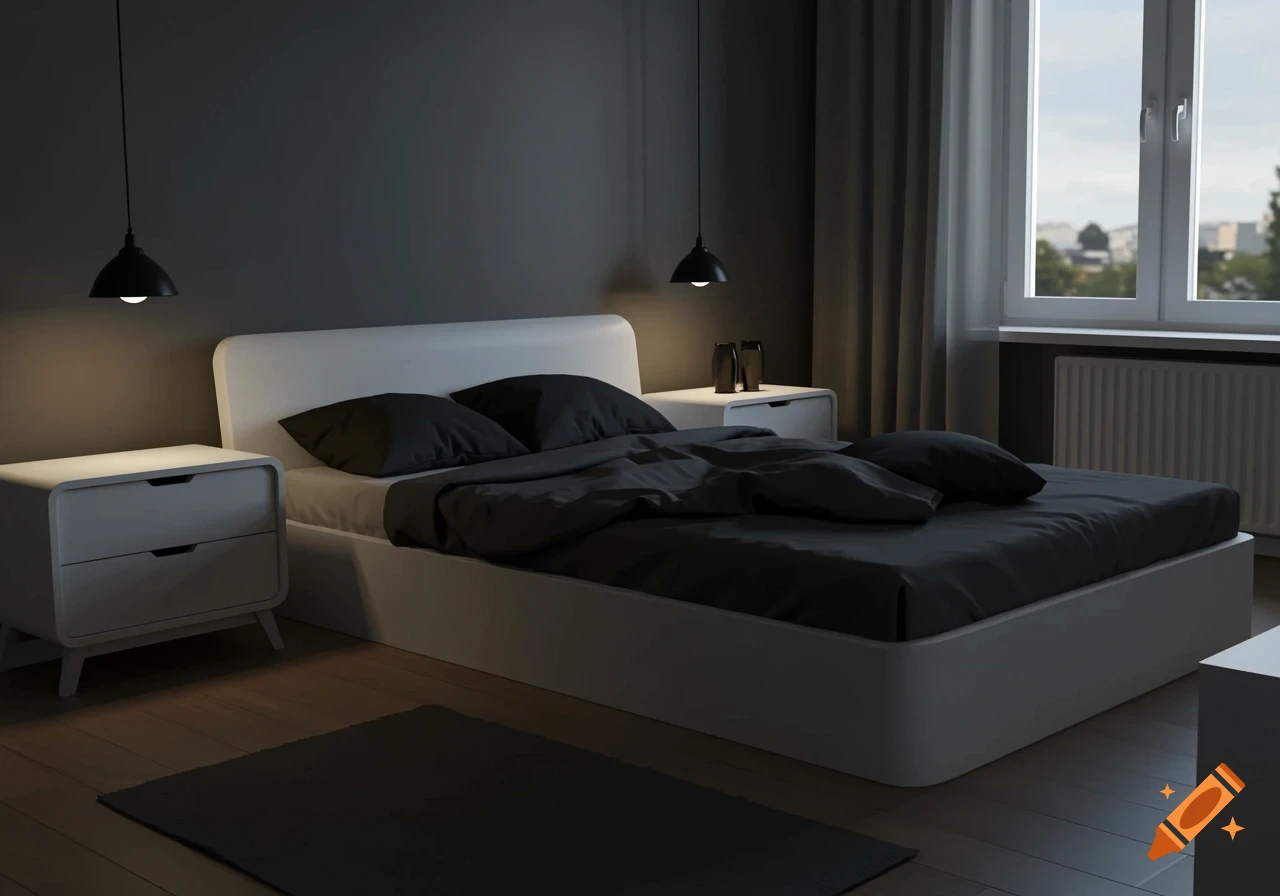 A modern, minimalistic bedroom with a white bed, black bedding, white nightstands, pendant lights, and a window with curtains.