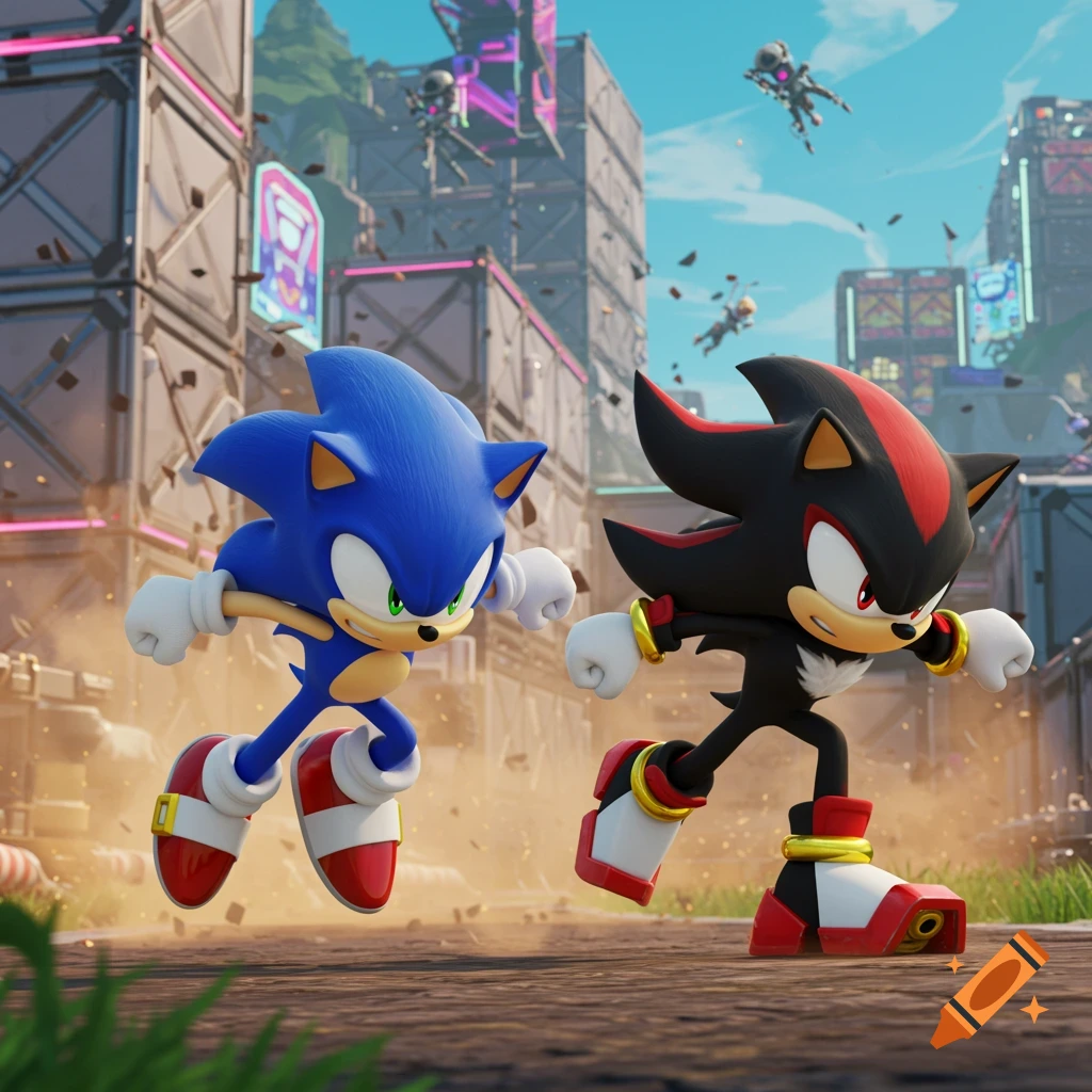 Sonic and Shadow run through a stylized, debris-filled urban environment.
