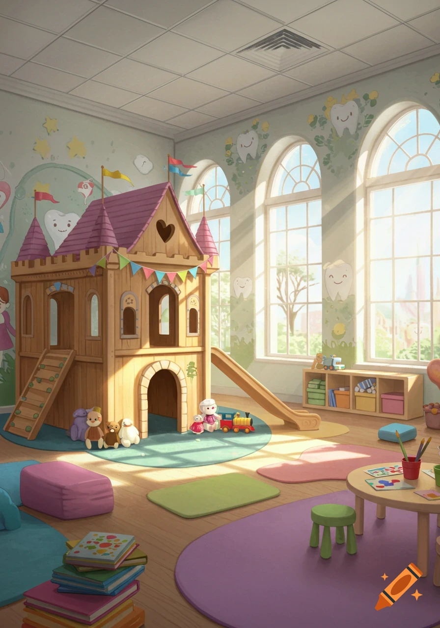 Bright, colorful kids' playroom in a dental office with a large wooden castle, slide, toys, and walls decorated with happy cartoon teeth.