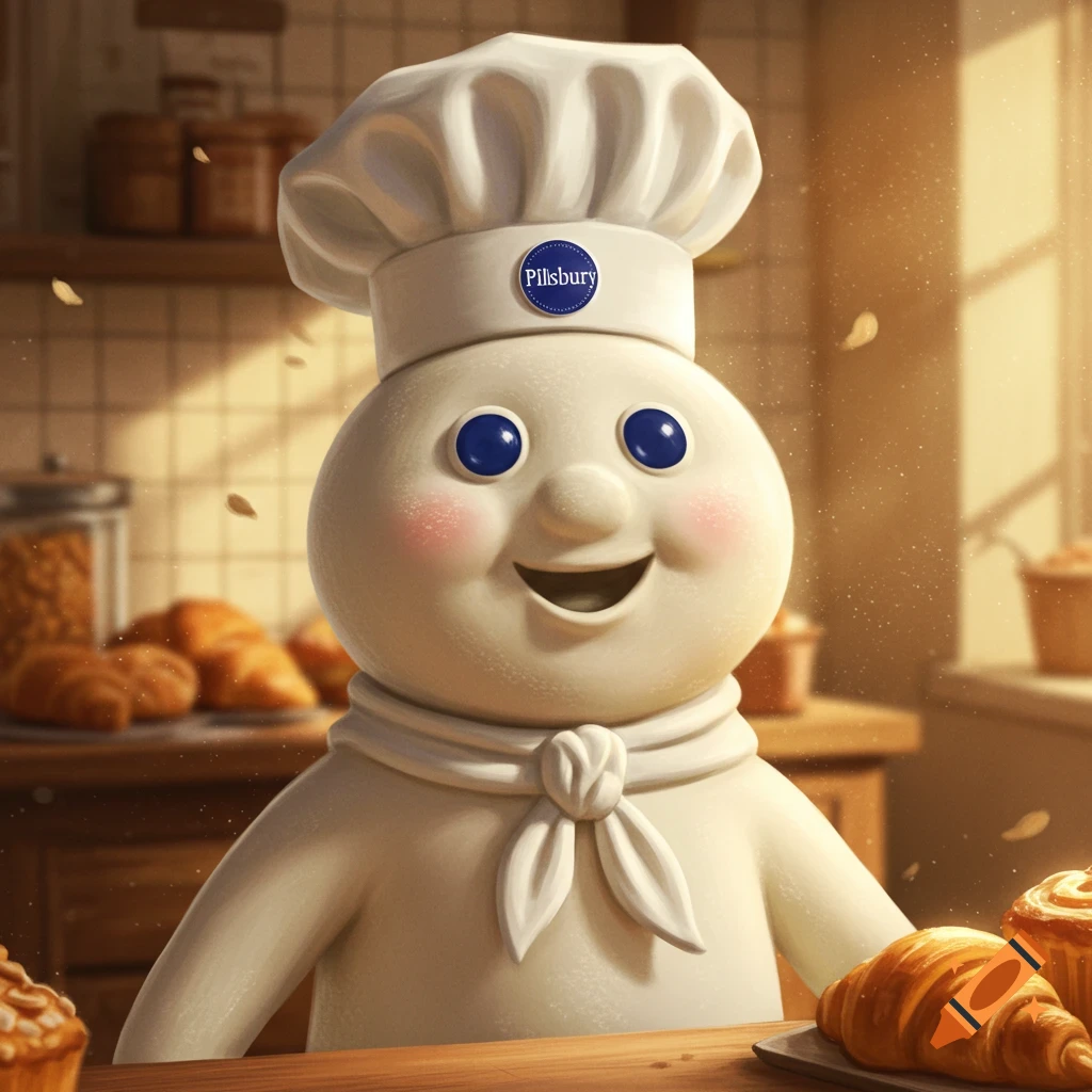 The Pillsbury Doughboy character smiles in a kitchen surrounded by baked goods like croissants and muffins, with flour floating in the air.