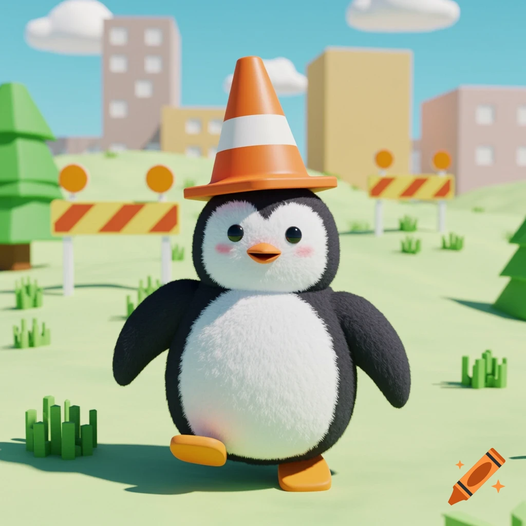 A cute, fluffy penguin wearing an orange traffic cone on its head walks through a stylized, blocky city landscape under a blue sky.