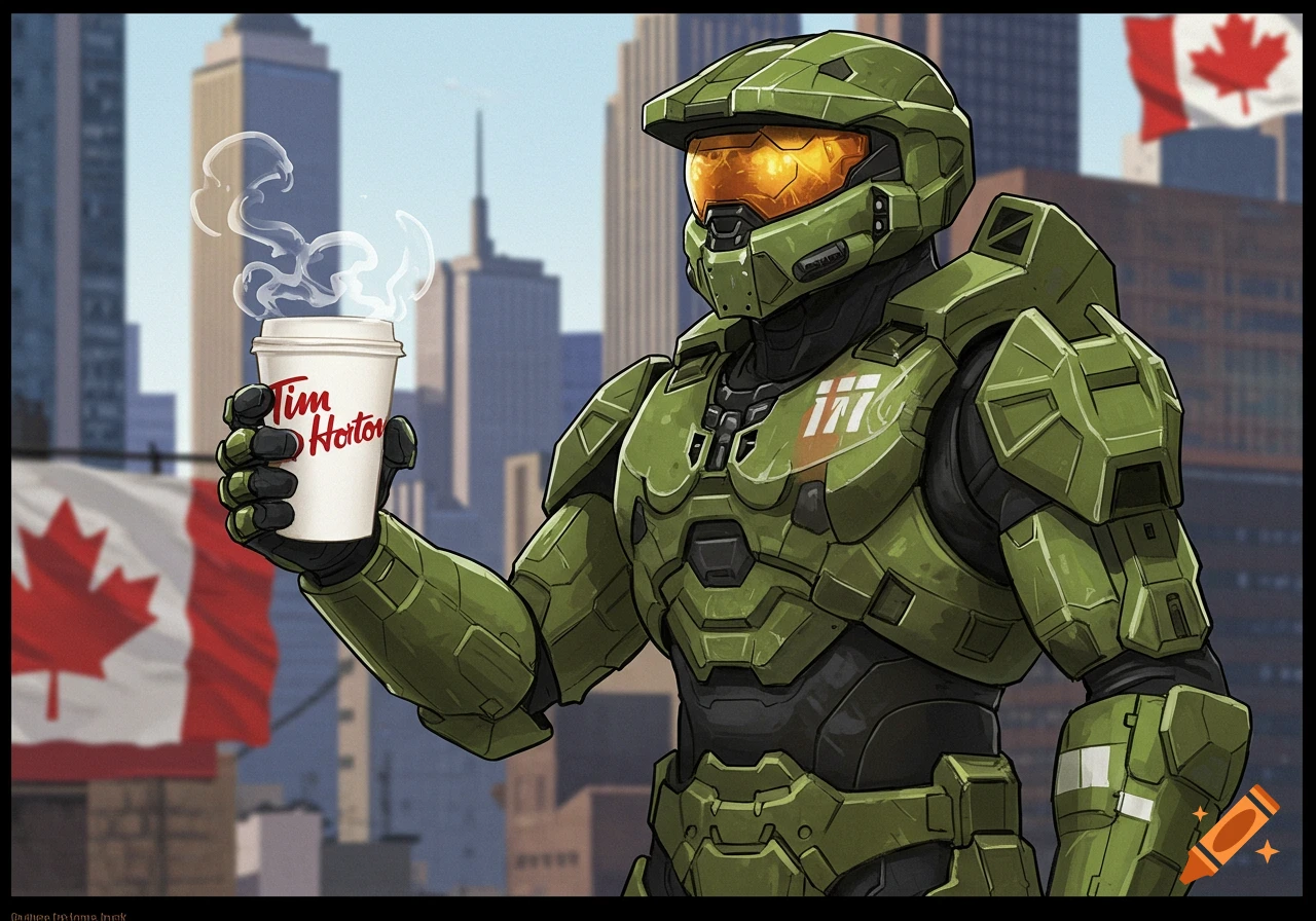 Master Chief in comic style holds a steaming Tim Hortons coffee cup, with a city skyline and Canadian flags in the background.