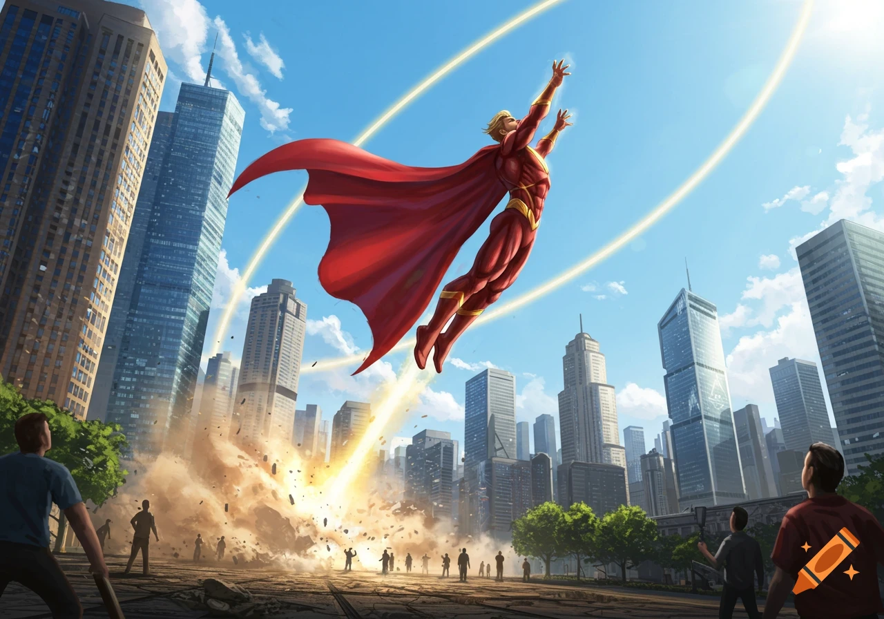 A superhero in a red and gold suit with a cape blasts off from a crumbling city street, soaring into a bright blue sky above skyscrapers.
