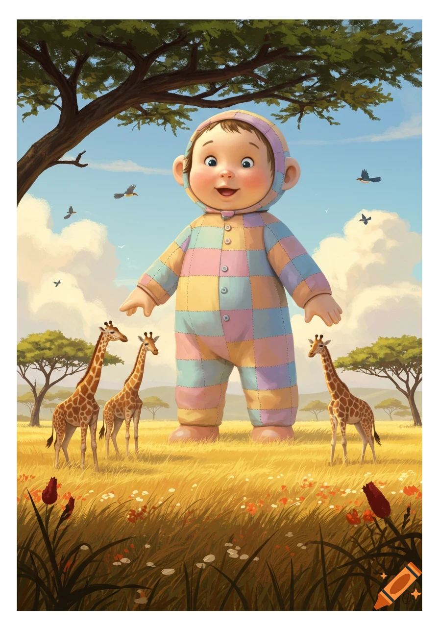 A giant baby in a colorful patchwork romper stands among tall grass and giraffes in a sunny savanna.