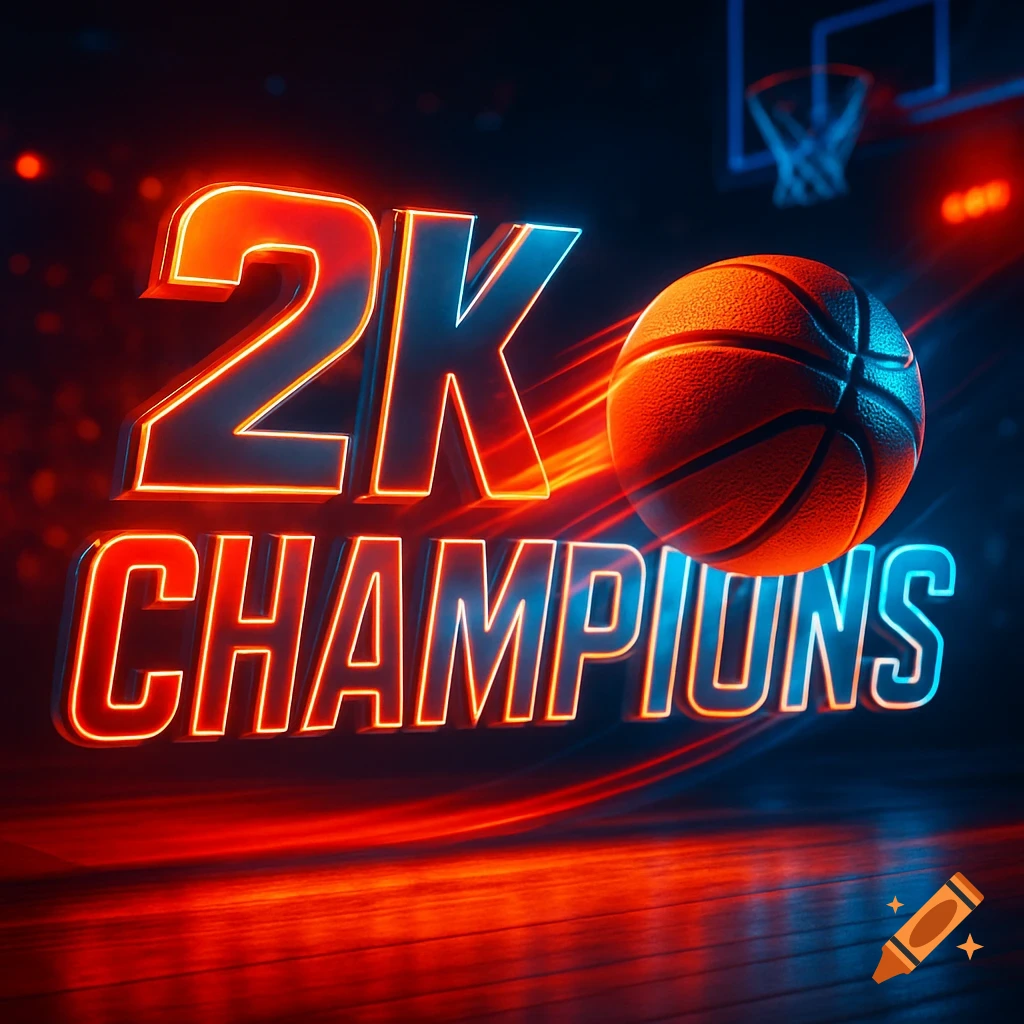 Neon sign spelling "2K CHAMPIONS" with a basketball streaking past, set on a dark basketball court with glowing red and blue lights.