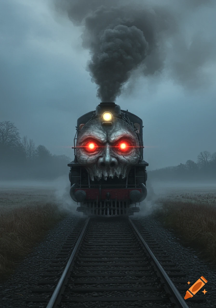 A terrifying train with a skull-like face and glowing red eyes emerges from a dark, foggy landscape on train tracks.