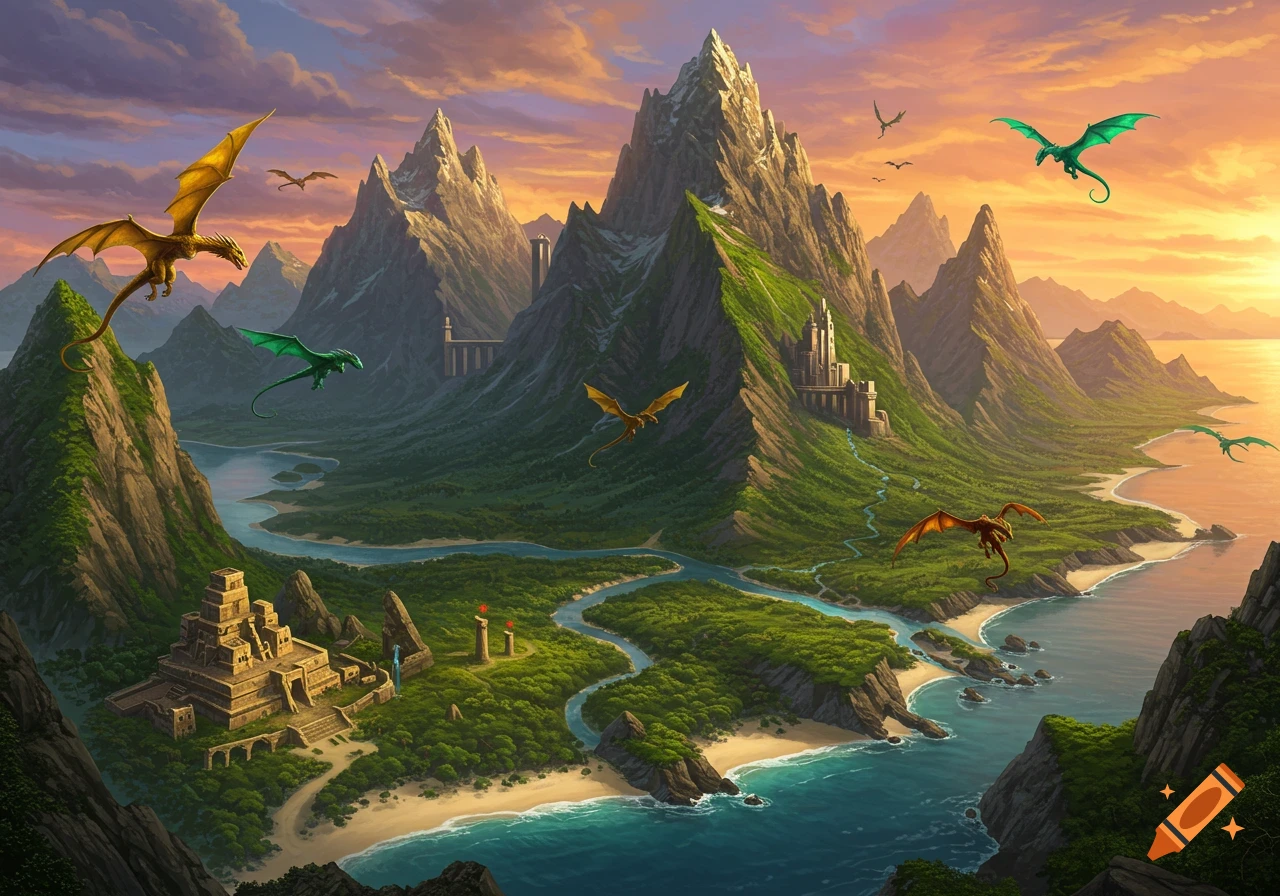 A vibrant fantasy landscape at sunset, featuring a large island with towering mountains, ancient structures, and dragons flying over rivers and beaches.