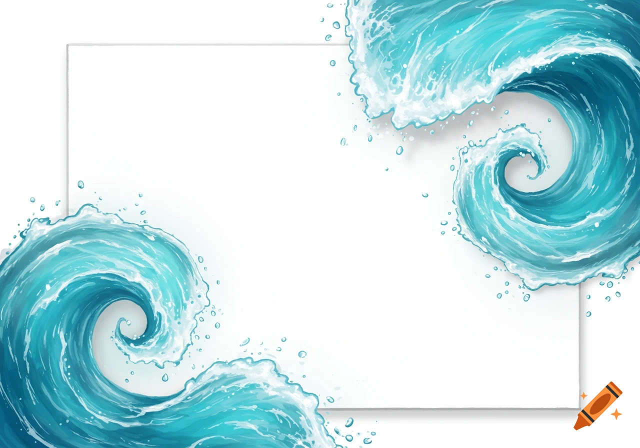 Drawn teal ocean waves with white caps curl around the top right and bottom left corners of a white rectangle on a white background, with water droplets splashing.