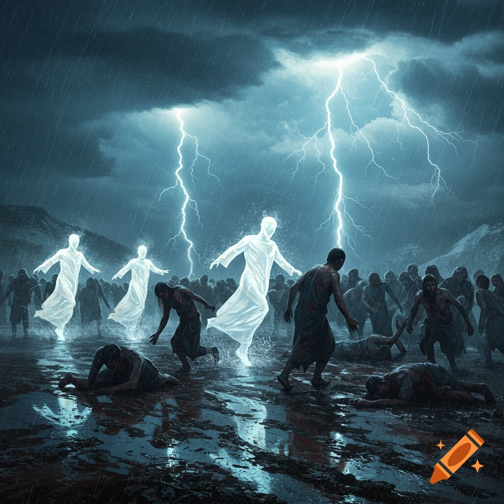 White-robed figures pursue dark, struggling individuals in a stormy, rain-slicked landscape under lightning-filled skies.