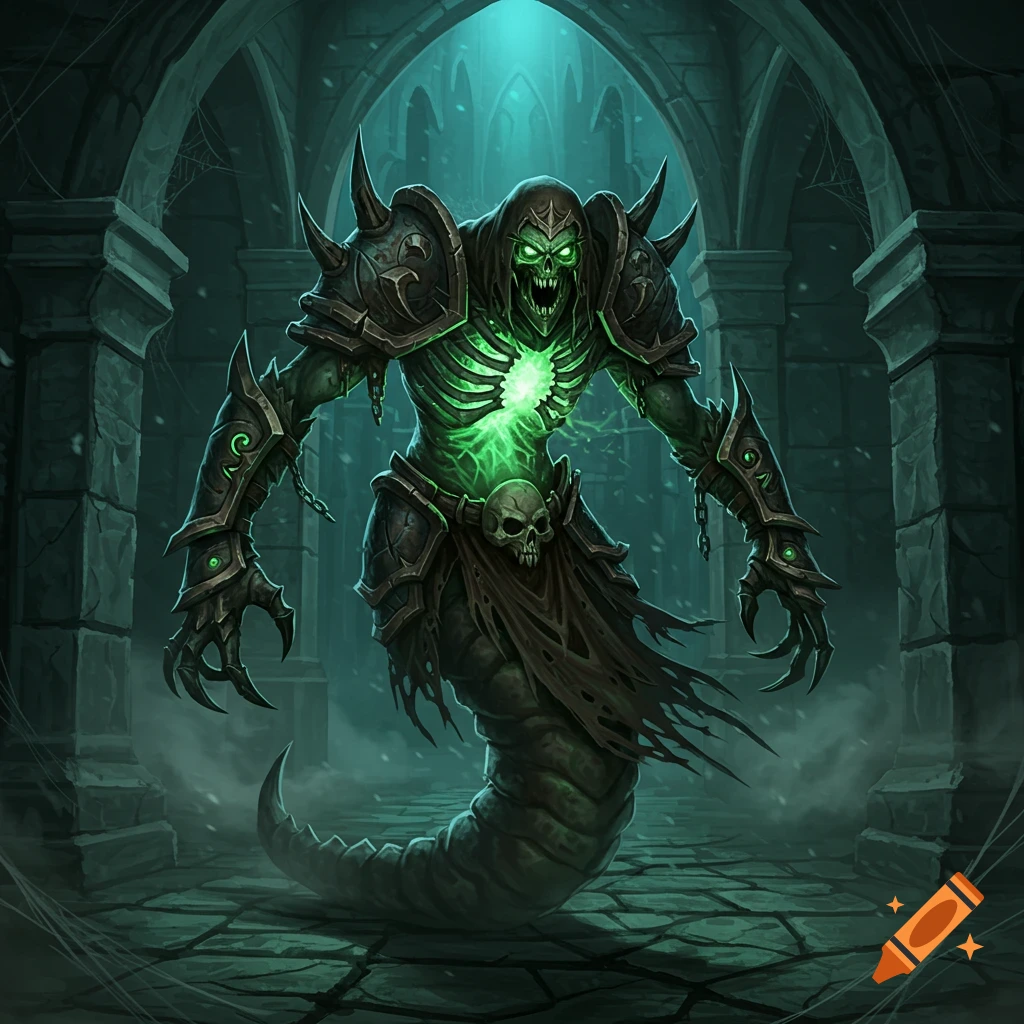 A skeletal undead creature with glowing green eyes and chest, wearing dark armor and a snake-like tail, stands in a gothic crypt.