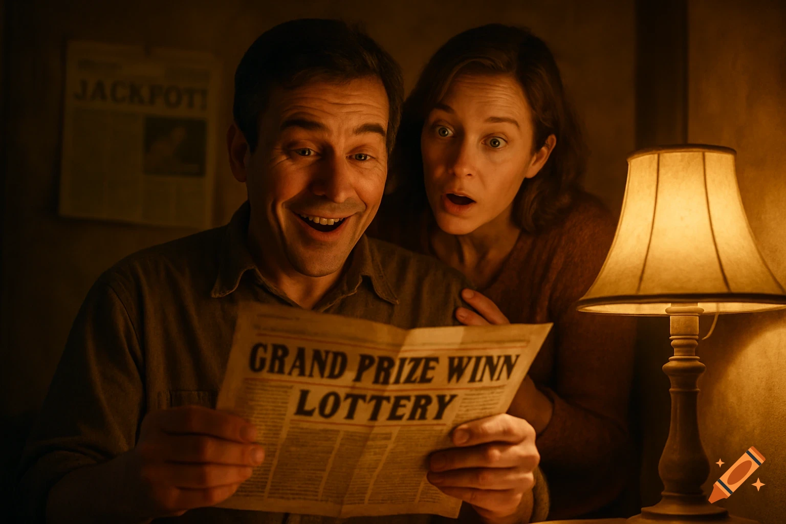 A man and a woman look at a newspaper with surprised and excited expressions under warm lamplight. The newspaper headline reads 'GRAND PRIZE WINN LOTTERY'.
