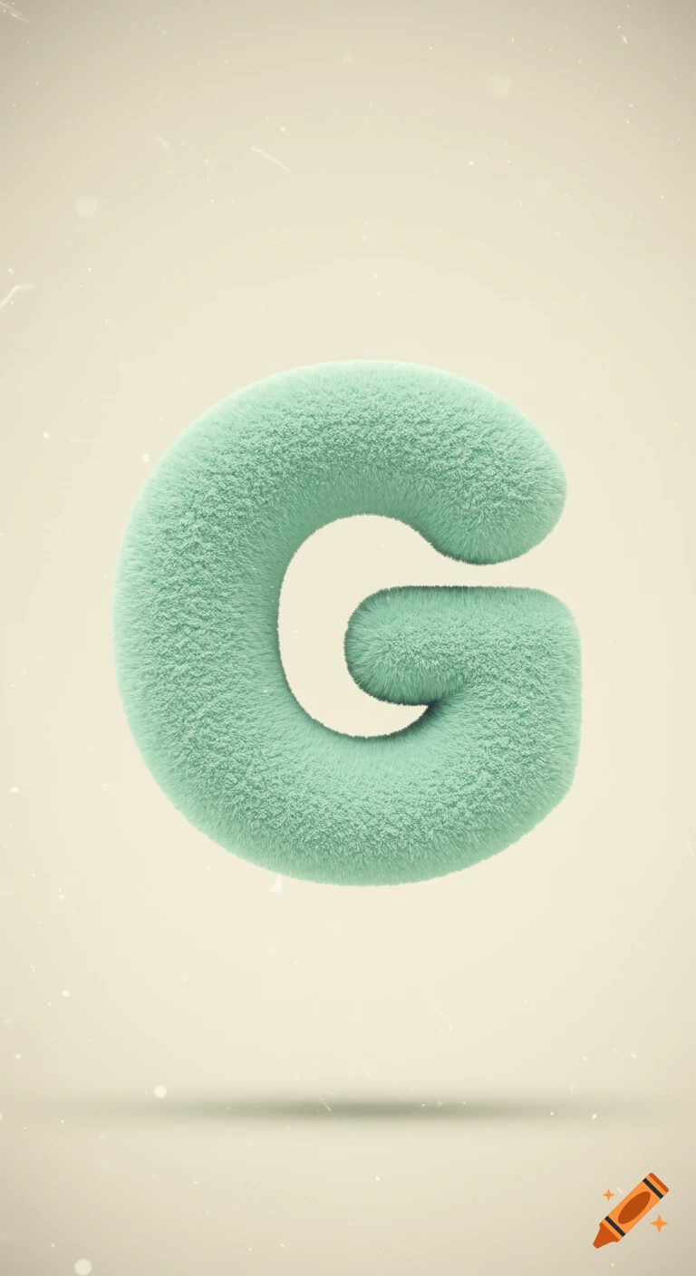 A plush, mint green letter G floats on a light background with retro film grain and soft shadows, in a 3D rendered style.