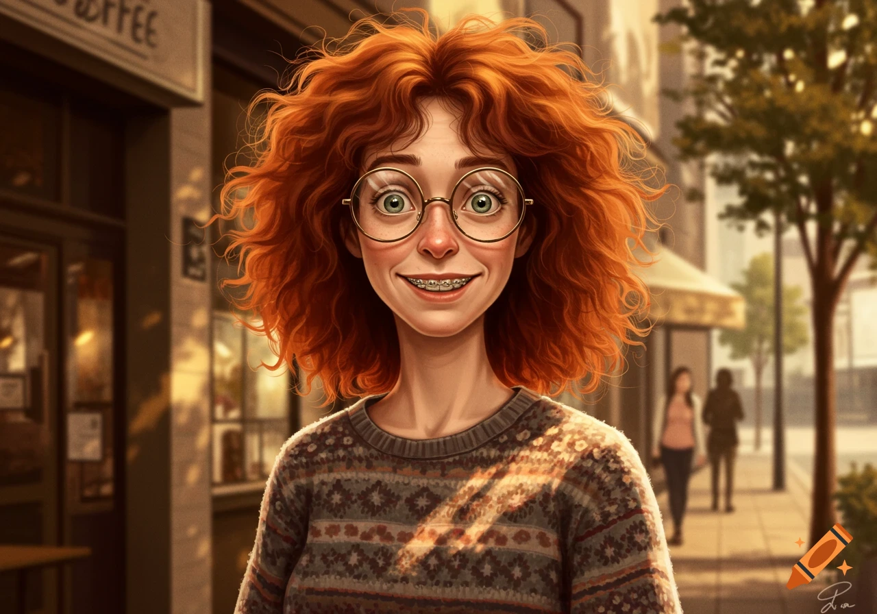 Stylized illustration of a smiling young woman with red curly hair, round glasses, and braces, wearing a patterned sweater, standing on a sunny city street.